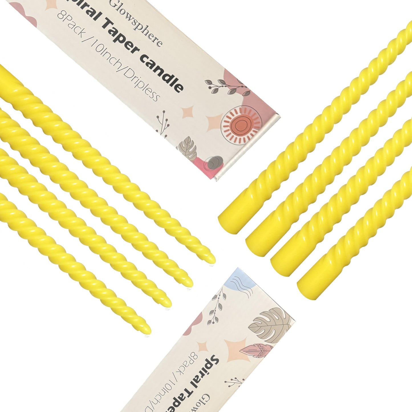 8 Pack 10 Inch Yellow Spiral Taper Candle Set, 7/8 Inch Unscented Driples Candlesticks for Home Decoration, 6-7 Hours Burn