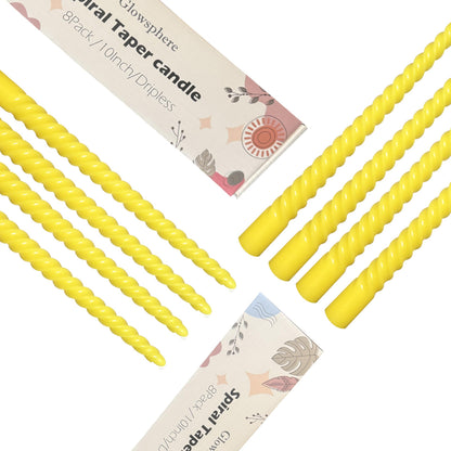 8 Pack 10 Inch Yellow Spiral Taper Candle Set, 7/8 Inch Unscented Driples Candlesticks for Home Decoration, 6-7 Hours Burn