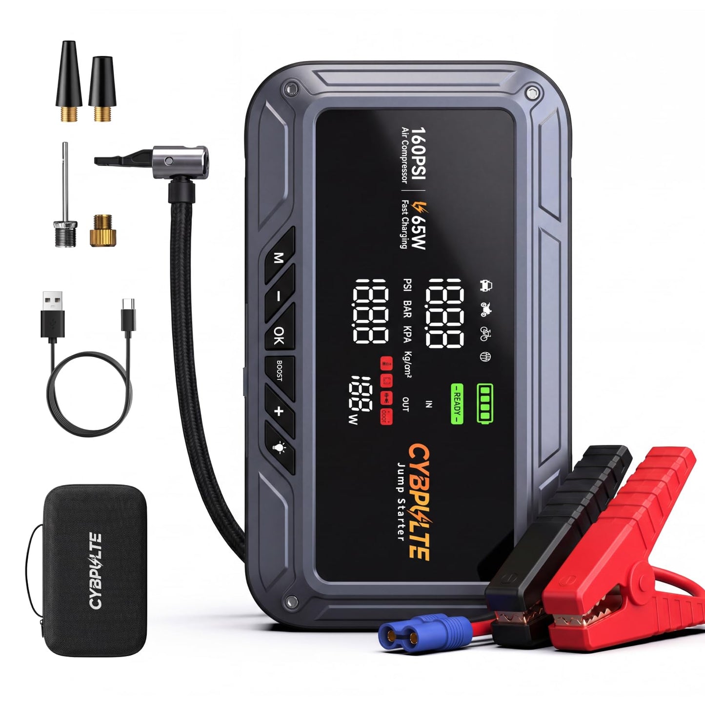Jump Starter with Air Compressor, 8000A 160 PSI Portable Car Battery Jump Starter with LCD Display, 65W USB-C Fast Charging, All-in-One Emergency Jump Box for All Gas 14L Diesel