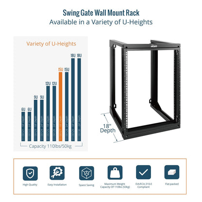 Tecmojo 15U Server Rack with Swing Gate, 15U Rack for 19inch Computer/AV/Data/IT/Media Equipment, Wall Mount Server Rack with 18inch Depth, Square&Tapped Holes