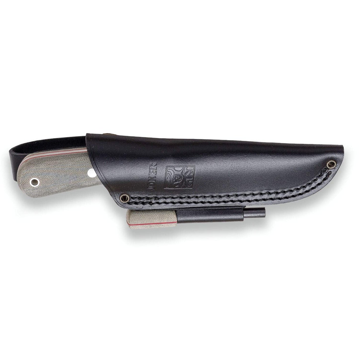 Joker Montañero CV134-P Survival Knife, 4.33 in Sandvik 14C28N Stainless Steel Drop Point Blade, Green Micarta Canvas Handle, Brown Leather Sheath and Ferro Rod, for Camping, Hiking, Bushcraft and Fire Making
