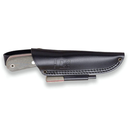 Joker Montañero CV134-P Survival Knife, 4.33 in Sandvik 14C28N Stainless Steel Drop Point Blade, Green Micarta Canvas Handle, Brown Leather Sheath and Ferro Rod, for Camping, Hiking, Bushcraft and Fire Making