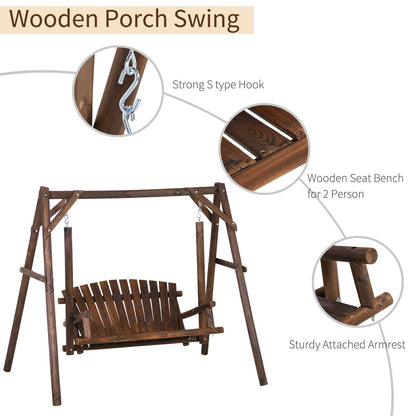 Outsunny 2-Seat Porch Swing with Stand, Wooden Patio Swing Chair Bench, for Garden, Poolside, Backyard, Brown