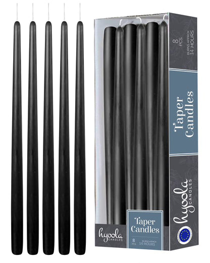 Hyoola Tall Taper Candles - 16 Inch Black Unscented Dripless Taper Candles - 14 Hour Burn Time - 8 Pack