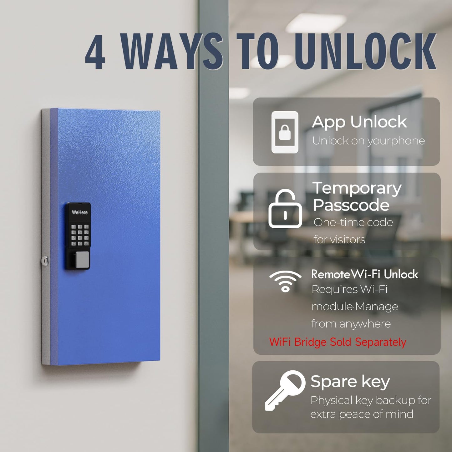 WeHere 48-Key Smart Key Lock Box Wall-Mount, Key Cabinet with Key Management App(Track Key Borrow/Return), Keypad, Bluetooth & WiFi Unlock (Sold Separately) for Commercial, School, Rental, Office
