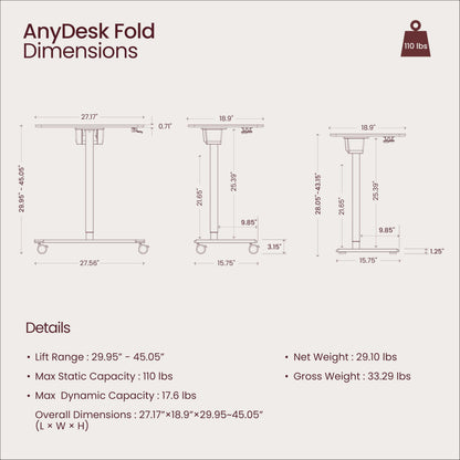 TopJob ANYDESK FOLD Mobile Standing Desk, Portable with Lockable Wheels, Foldable Stand Desk, Rolling Computer Workstations, Used for Home, Couch Side Table, Bedside Table in Bed Room Kitchen (Black)