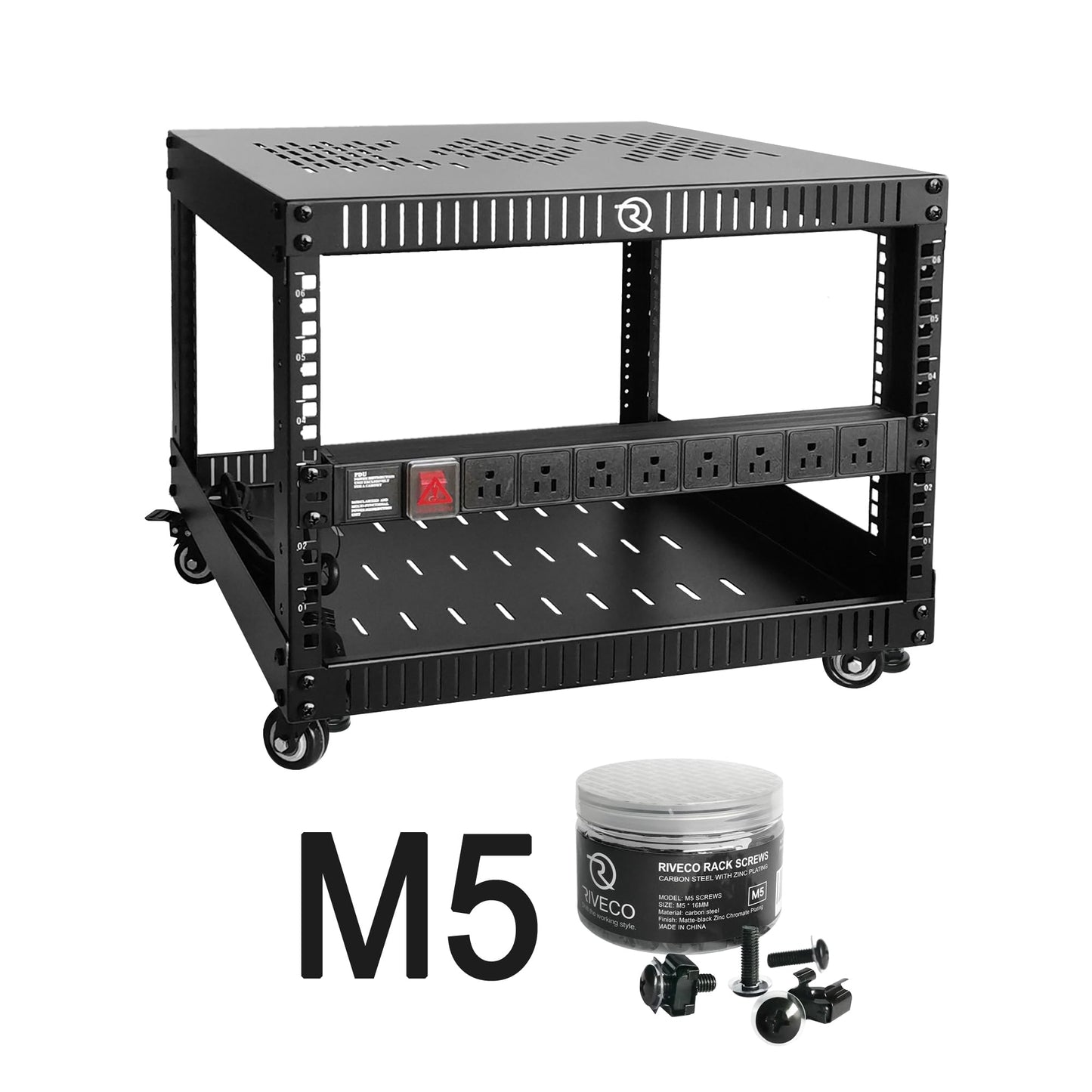 RIVECO 6U Network Rack with Top & Bottom Vented Plates- 4 Rolling Wheels Floor Standing Rack for 19" Equipment & Stereo Gear- Including Basic Rail Mount PDU Power Strip & M5 Screws 50 Sets