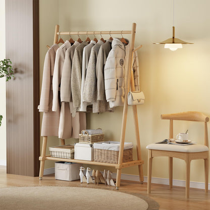 Muwuele Solid Wood Clothing Rack, Rolling Clothes Rack for Hanging Clothes, Garment Rack with Shelves Load 350 Lbs, Portable Closet Organizer on Wheels for Hanging Clothes (Natural)