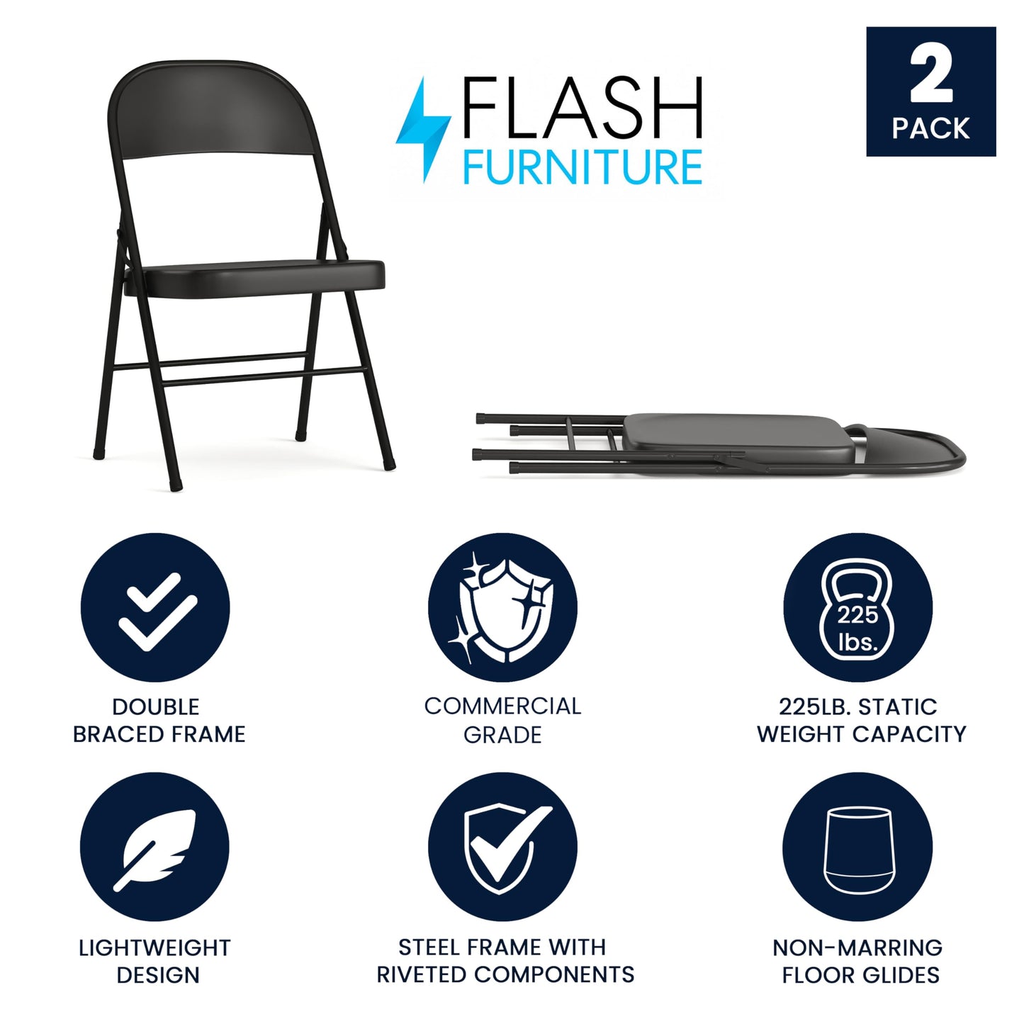 Flash Furniture HERCULES Series Double Braced Black Metal Folding Chair (Pack of 2)