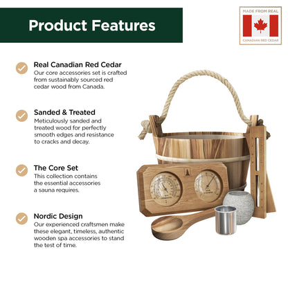 Northwood Sauna - Sauna Accessories Kit - Handmade from Canadian Red Cedar Wood - Core Set (Bucket & Ladle, Thermometer & Hygrometer, Sand Timer, Aromatherapy Cup)