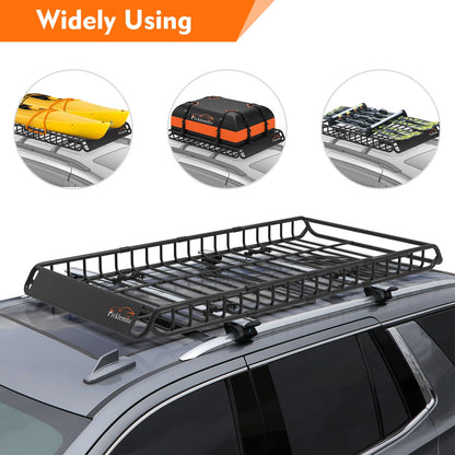 Roof Rack Cargo Carrier, Universal Roof Basket (77"x 36"x 5") + 15 Cubic Feet Waterproof Rooftop Cargo Carrier Bag (46"x 34"x 17") with Bungee Net, Ratchet Straps, Storage Bag, Luggage Lock (X-Large)