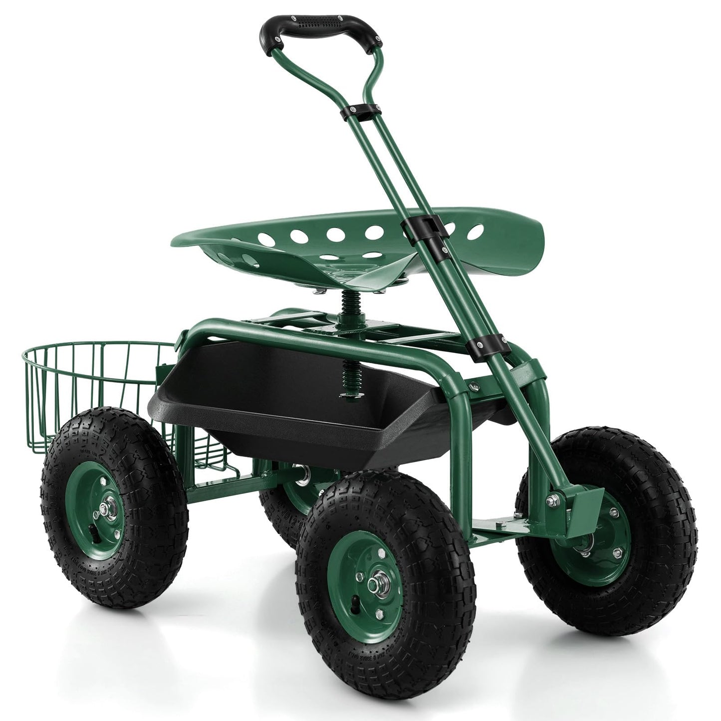 DORTALA Heavy Duty Garden Cart Work Seat w/360 Swivel Seat and Storage Basket, 4-Wheel Rolling Planting Cart w/Tool Tray Extendable Steering Handle Height Adjustable Seat for Gardening, Green