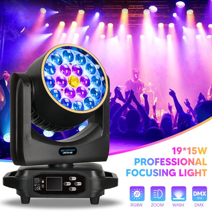 BETOPPER Moving Head Light,19x15W RGBW with Light Strip Effect Moving Head Stage Spotlight,Lightweight Disco DJLight for Party Wedding Club Bars Show（1）