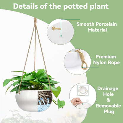 TIGKHAE Ceramic Hanging Planters for Indoor Outdoor Plants,8 in Modern Plant Pot Round Porcelain Hanger Basket with Rope Hanging Plant Holder Drainage Flower Pot for Herbs Ferns Ivy Pothos,White
