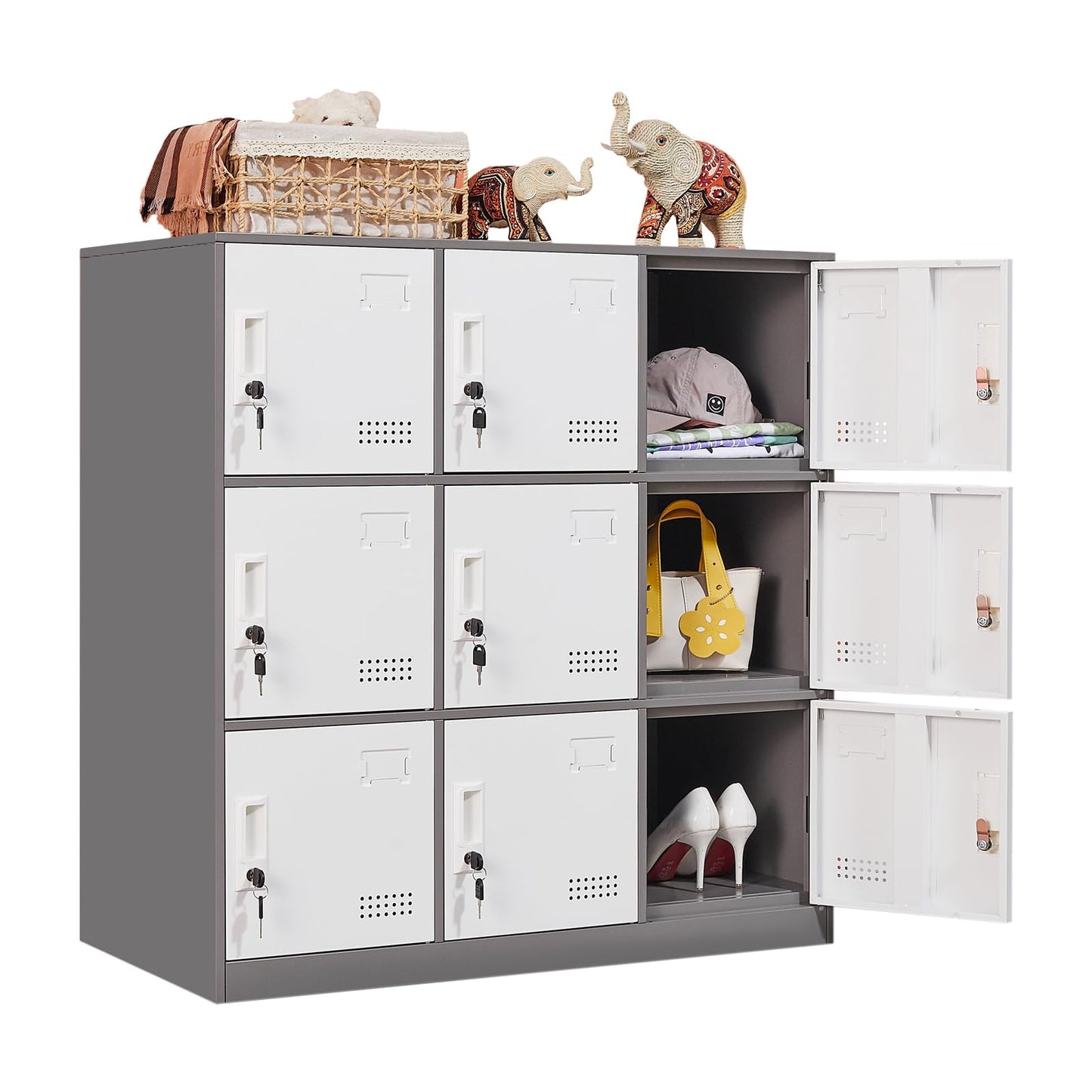 FURSTEL Student Locker Organizer, Multi-Door Steel Locker, Small Locking Cabinet Storage Organizer, Office File Cabinet, Home Locker, Gym Locker, Metal Storage Locker (9 Door, Grey & White)