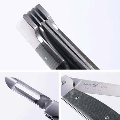 Messermeister Adventure Chef Summit Set, Distressed Linen - Folding 6” Chef’s Knife, 6” Fillet Knife, Steak Knife, Fork & Spoon, Peeler & Parer, TPE Cutting Board + Waxed Canvas Case