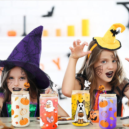 Frerdui Halloween Pumpkin Coffee Cup - 16 Oz Pumpkins Fall Mug, Iced Coffee Glass Tumbler Glass Cups W/Lids Straws, Cute Halloween Fall Gifts for Women Teens Girl