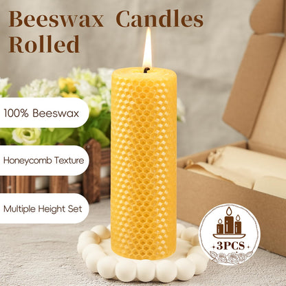 Pure Beeswax Pillar Candles,3 Pack Hand-Rolled Natural Beeswax Candles(1.77x3in,2x4in,2x6in) 60 Hours Burning Unscented Bees Wax Candle for Home,Smokeless&Dripless Pillar Candle for Meditation,Wedding