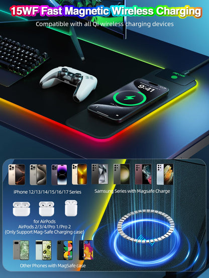 Mouse Pad with Wireless Charging, Large Desk Mat RGB Gaming Mousepad, 10 Light Colors LED Gaming Pad Keyboard Pad with Ultra-Smooth Surface & Non-Slip Rubber Base, Waterproof Full Desk Mouse Pad