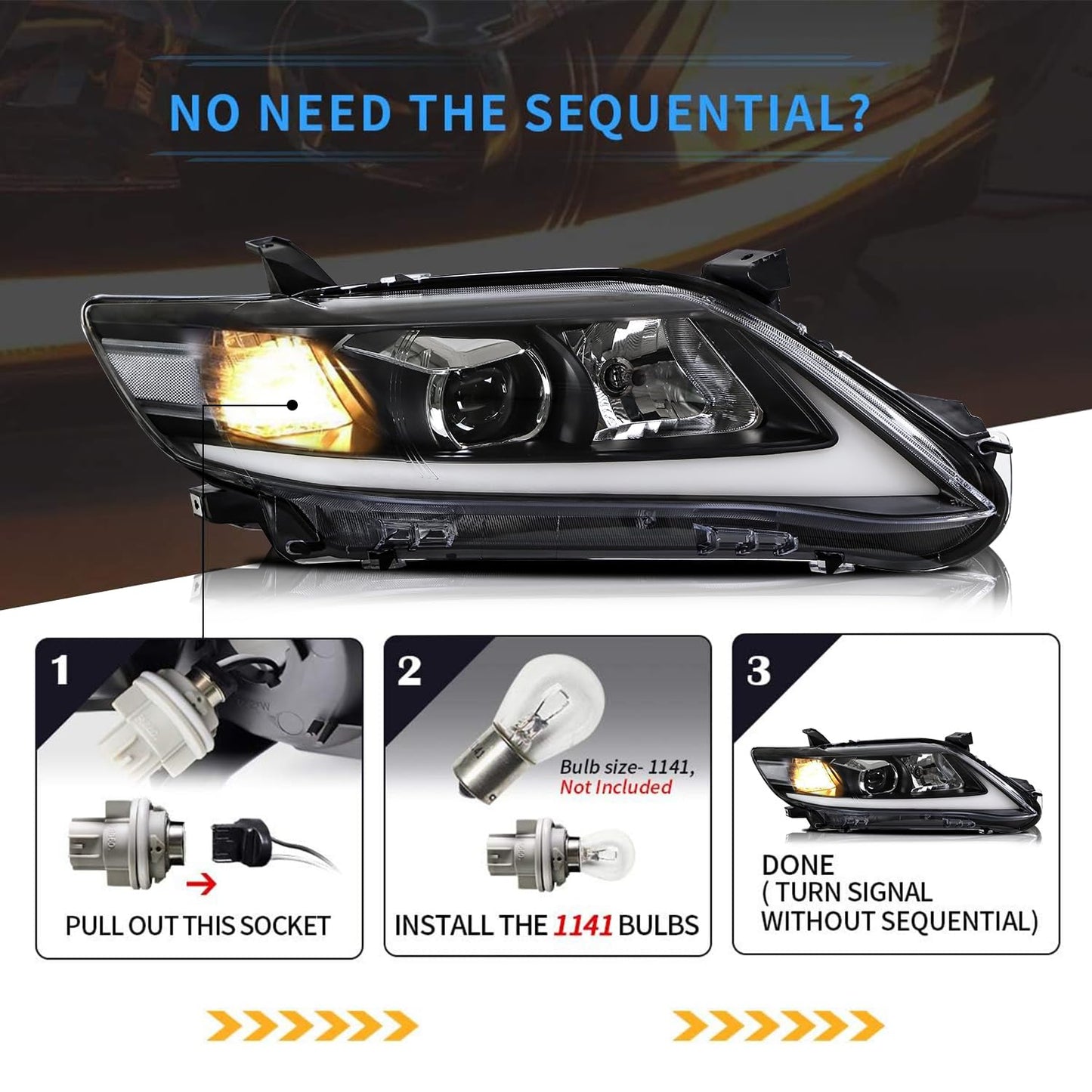 VLAND Led Front Lamps Compatible with 2010-2011 Camry Base, LE, SE and XLE(US Version) w/Sequential w/1141 Bulb w/H7 Bulbs