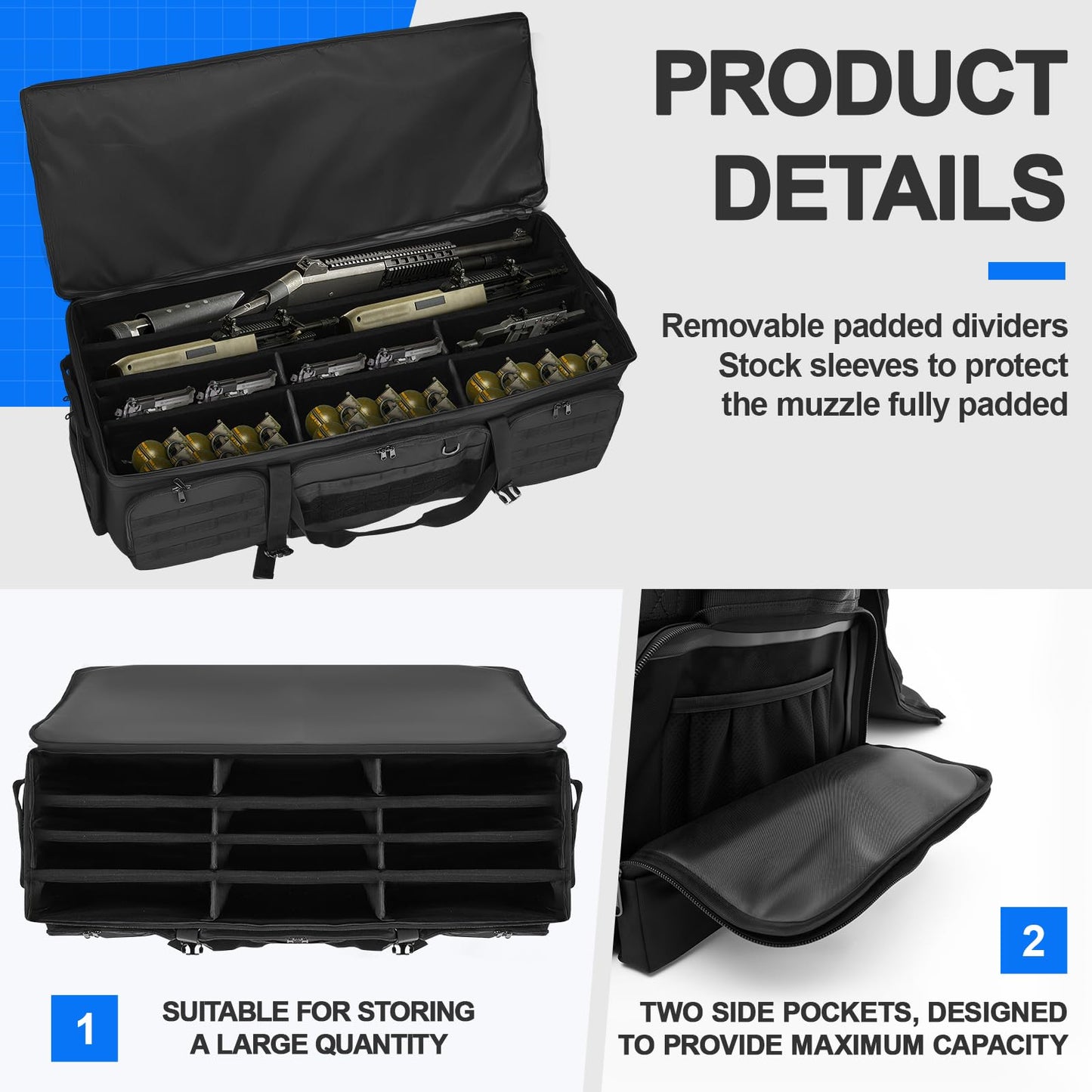 Bulyoou 42" Soft Rifle Case for 4 Guns with Molle, Tactical Multi Gun Bag with Padded Dividers and Backpack Straps, Extra Pockets for Outdoor Hunting and Shooting Range, Safe Storage Shipping (Black)