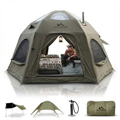 SENLEETO Inflatable Hot Tent with Stove Jack, 6-8 People Luxury 4 Season Inflatable Tents for Camping with Waterproof Large Black-Out Canopy/Rainfly, Glamping Inflatable Tent House Air Tents