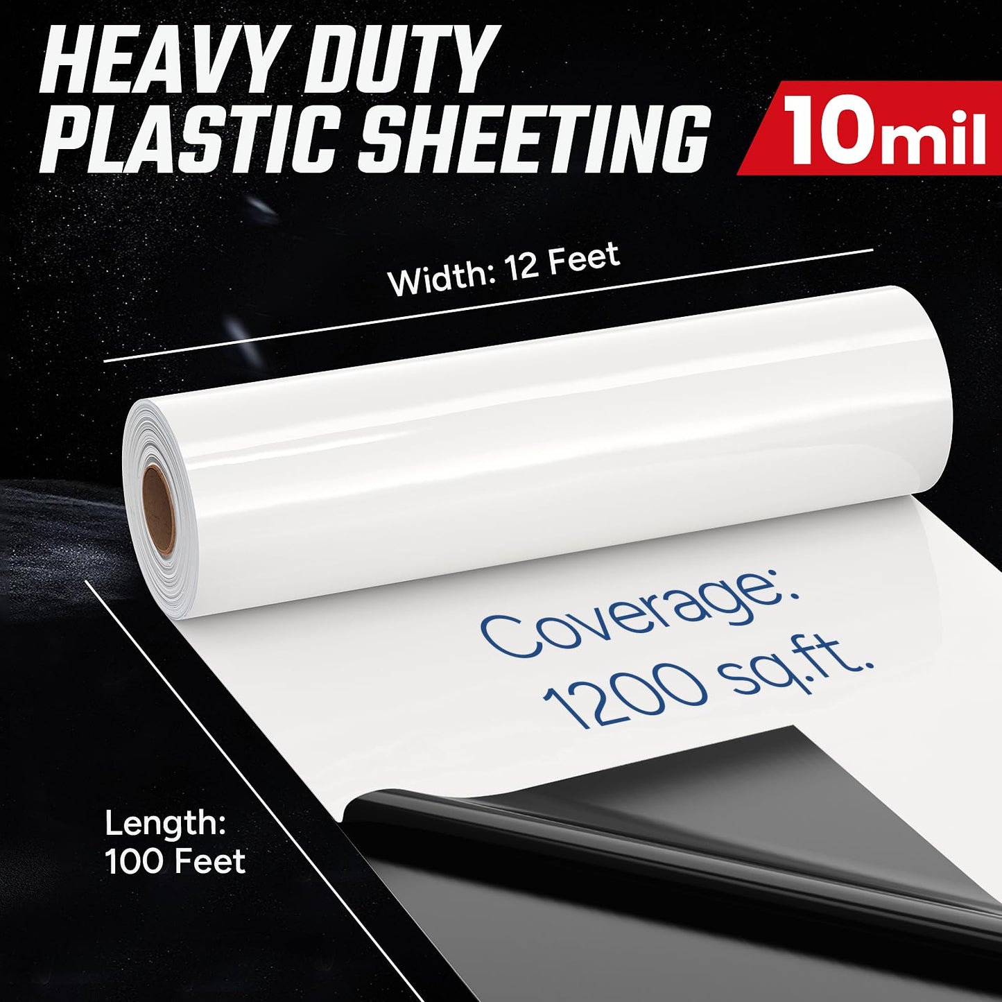 Crawl Space Vapor Barrier, 10 Mil Vapor Barrier, 12' x 100', Drop Cloth Moisture Barrier Covering for Crawlspace Encapsulation, Thick Plastic Sheeting, Polyethylene Film, Black and White Panda Film