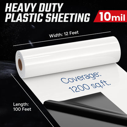 Crawl Space Vapor Barrier, 10 Mil Vapor Barrier, 12' x 100', Drop Cloth Moisture Barrier Covering for Crawlspace Encapsulation, Thick Plastic Sheeting, Polyethylene Film, Black and White Panda Film