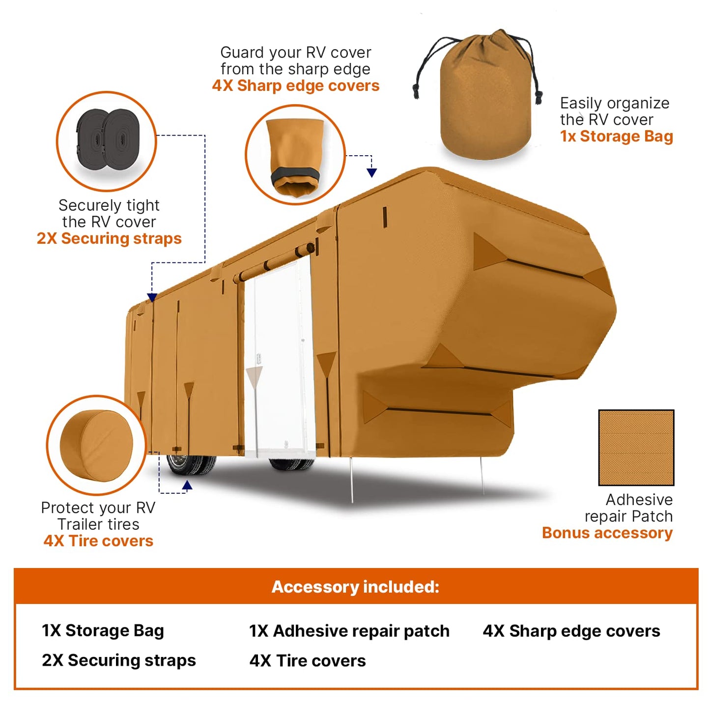 Lanceton 33-37 Ft Fifth Wheel 5th Wheel RV Trailer Cover Package Premium Heavy-Duty Waterproof Windproof Anti-UV Breathable Fabric Including 4 Tire Covers and 4 Sharp Edge Covers 2 Secure Straps
