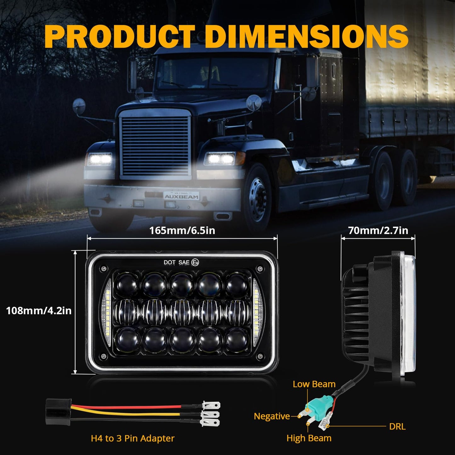 Auxbeam 4x6 LED Headlights Rectangular Headlamps Hi/Lo Sealed Beam with DRL DOT Approved Replacement H4651 H4652 H4656 H4666 H6545 Compatible with Peterbil Kenworth Freightliner Ford Trucks (2PCS)