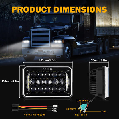 Auxbeam 4x6 LED Headlights Rectangular Headlamps Hi/Lo Sealed Beam with DRL DOT Approved Replacement H4651 H4652 H4656 H4666 H6545 Compatible with Peterbil Kenworth Freightliner Ford Trucks (2PCS)