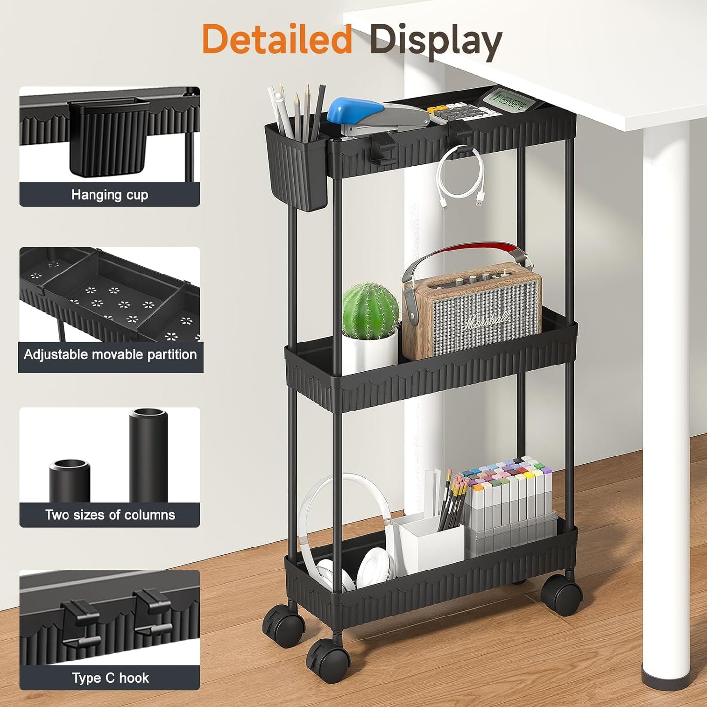 Sevenblue Slim Rolling Storage Cart - 3 Tier Utility Organizer with Wheels for Kitchen & Bathroom (Black)