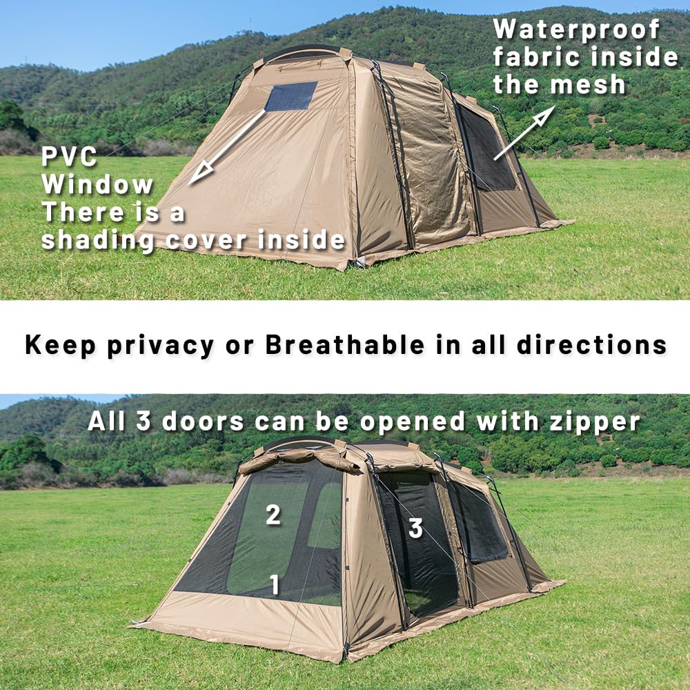 Outdoor Camping Tent 6 Person, Large Family Tunnel Tent with 4 Door 2 Window