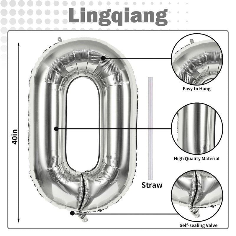 40 Inch Silver Foil Balloon Number 0, Giant Self Inflating Number Balloons 0-9 for Men Women, Digital 0 Helium Balloons Set for Girls Boys 4th Birthday Anniversary New Year Party Decorations Supplies