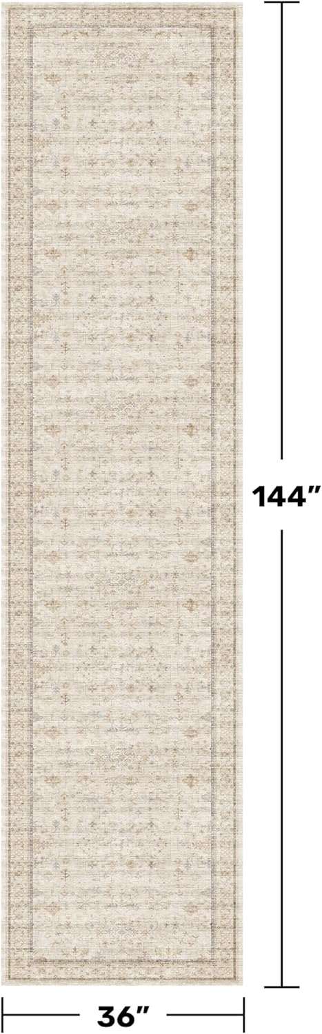 Beige Floral Runner Rug - 3x12 Washable Non-Slip Low-Pile | Vintage Distressed Oriental Carpet