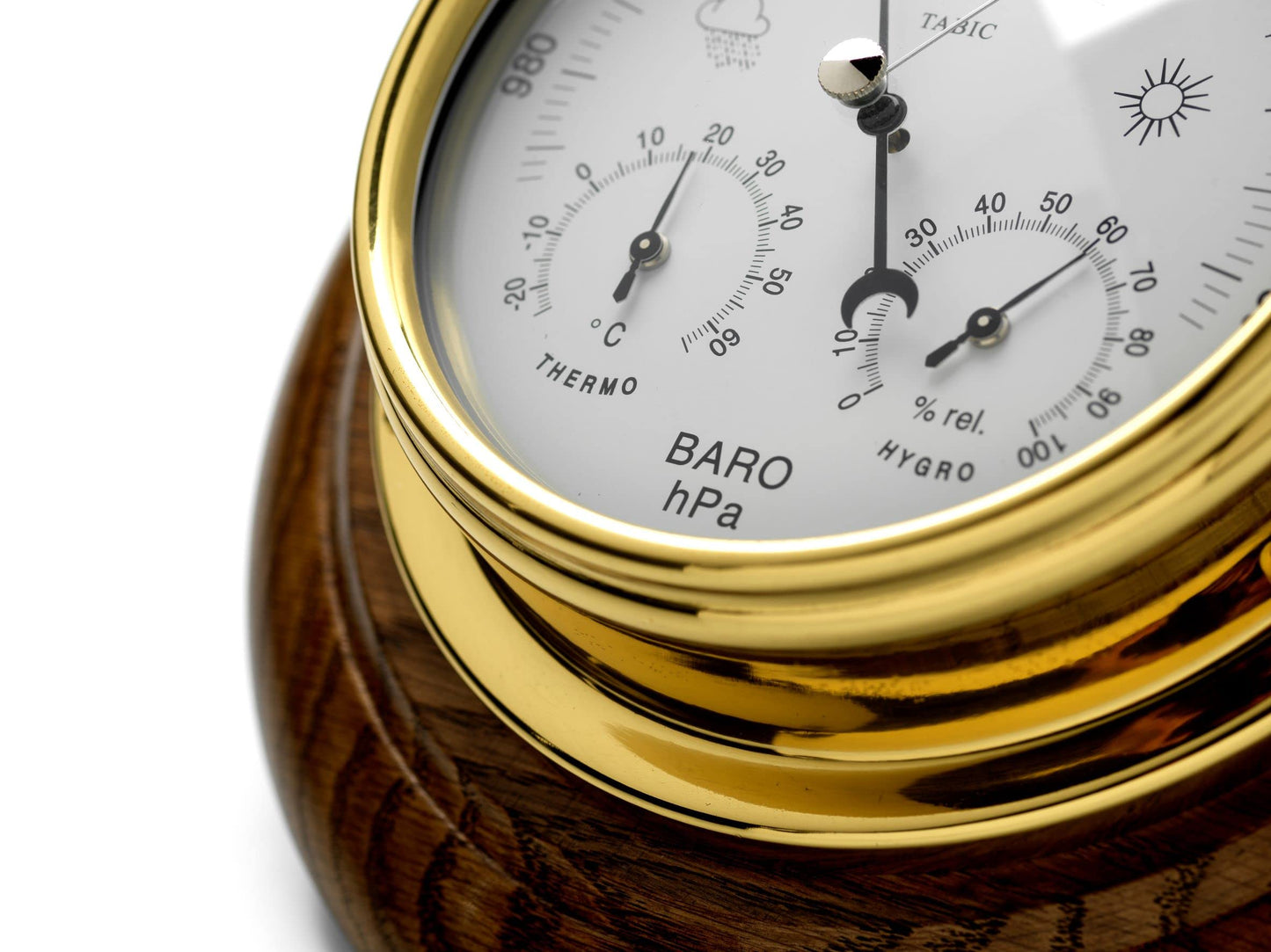 Tabic Brass Barometer with Built in Hygrometer and Thermometer Mounted on an English Oak Mount, Heavy Lacquered Brass (1/2kg), Sailing Ship Yacht Boating Clock, Handmade in England