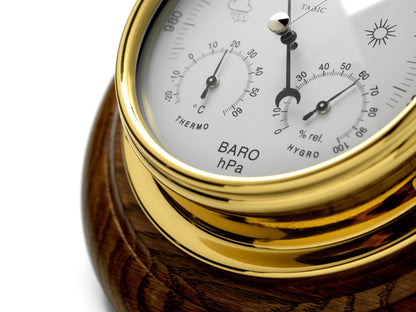 Tabic Brass Barometer with Built in Hygrometer and Thermometer Mounted on an English Oak Mount, Heavy Lacquered Brass (1/2kg), Sailing Ship Yacht Boating Clock, Handmade in England