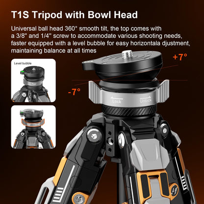 COMAN T1S Snap Open Carbon Fiber Tripod, Professional Tripod for Camera with Ball Bowl Head, 65'' Video Tripod with Quick Release Center Column, Max Load 20kg / 44lb