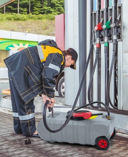 15 Gallon Gas Can with Manual Transfer Pump, Portable Fuel Caddy with Wheels & Carry Handle, 10 ft Hose, Heavy-Duty HDPE Fuel Transfer Tank for Gasoline Diesel Kerosene, Brass Shut-Off Valves, Gray