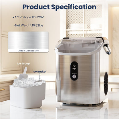 Antarctic Star Nugget Ice Makers Countertop with Auto-Cleaning, 35lbs/Day, Portable Sonic Ice Machine with Handle, Basket and Scoop for Home/Kitchen/Office/Camping(Stainless Steel Silver)