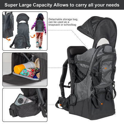 Baby Backpack Carrier, Safe Toddler Hiking Backpack Carrier Camping Child Carriers with Rain Cover Child Kid Sun Shade Large Storage Insulated Pocket, Adjustable Padded Children Seat