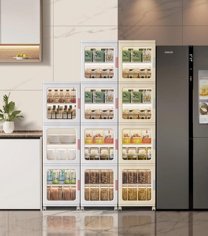 BUMODEL 4-Tier White Slim Storage Cabinet and 4-Tier Beige Slim Storage Cabinet with Doors and Adjustable Shelves