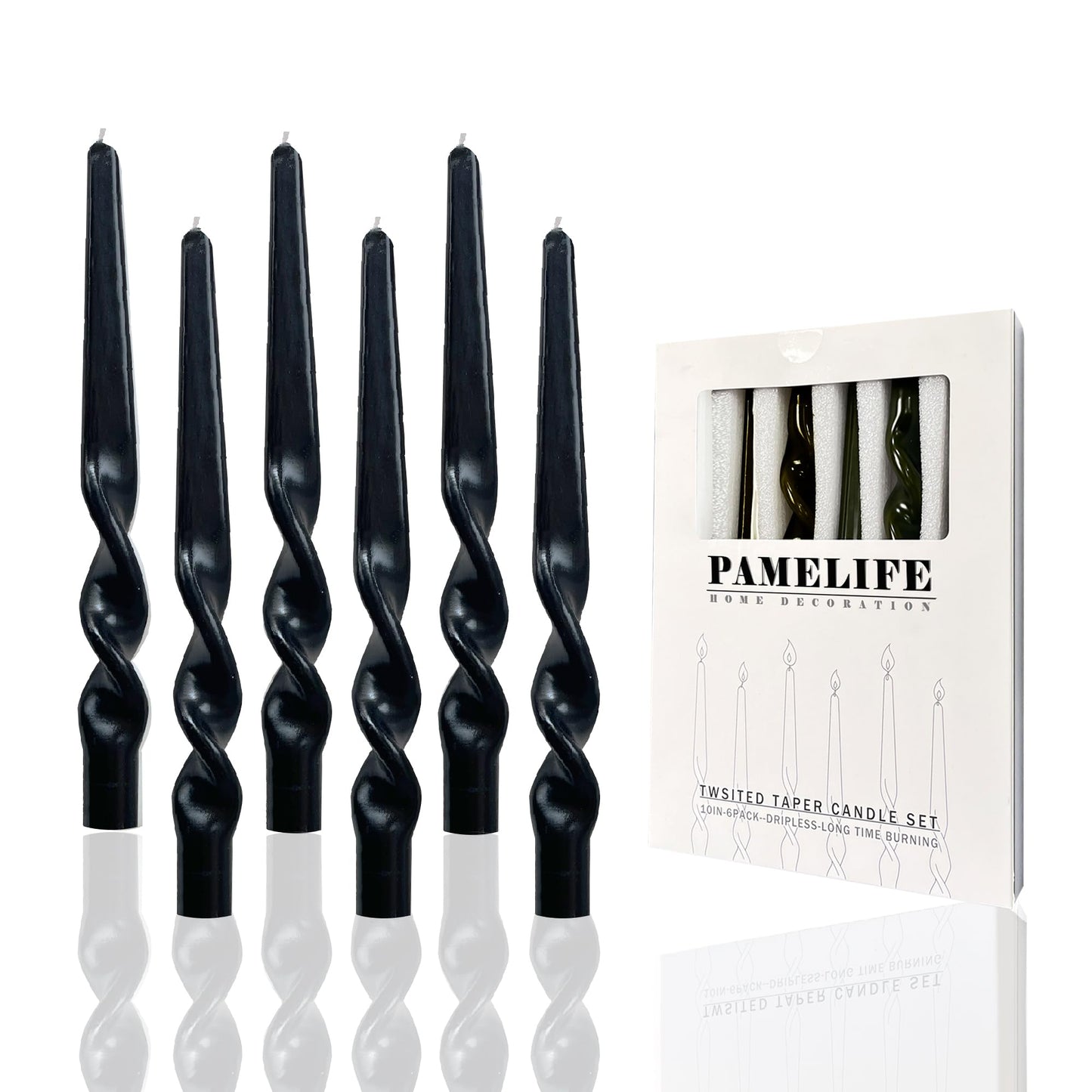 PAMELIFE Spiral Taper Candles - Set of 6 Twisted Candle 9.5 Inch Tall for Home Decoration Holiday Wedding Party (Black)
