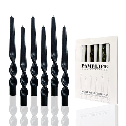 PAMELIFE Spiral Taper Candles - Set of 6 Twisted Candle 9.5 Inch Tall for Home Decoration Holiday Wedding Party (Black)