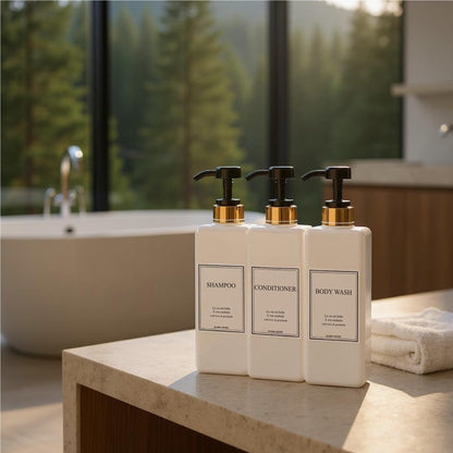 HARRA HOME Modern Gold Design 27 oz Shampoo and Conditioner Dispensers - Plastic Refillable Pump Bottle Set for Bathroom Shower Soap Dispenser, Set of 3 (Black)
