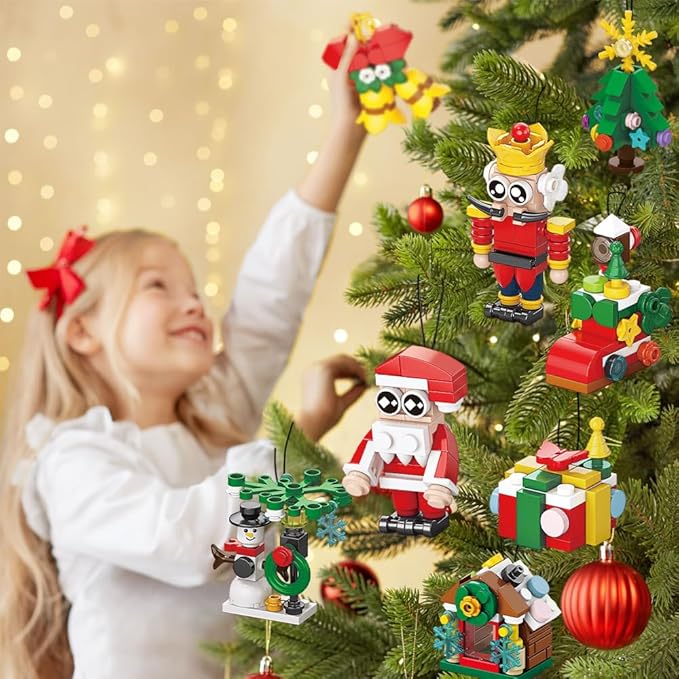 JOICEE Christmas Ornaments Building Blocks 18 Pack Xmas Tree Ornaments Building Sets with Strings Hanging Decoration Toys for Kids Holiday Party Favors Gifts Stocking Stuffers