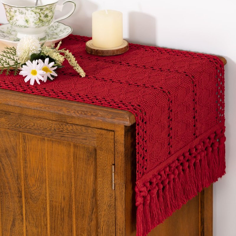 Socomi Boho Table Runner Summer Farmhouse Rustic Dining Kitchen Centerpiece Decor Small Macrame Woven Cotton Linen Coffee Table Runner for Dresser Scarf Home Decor 12x48 in Red