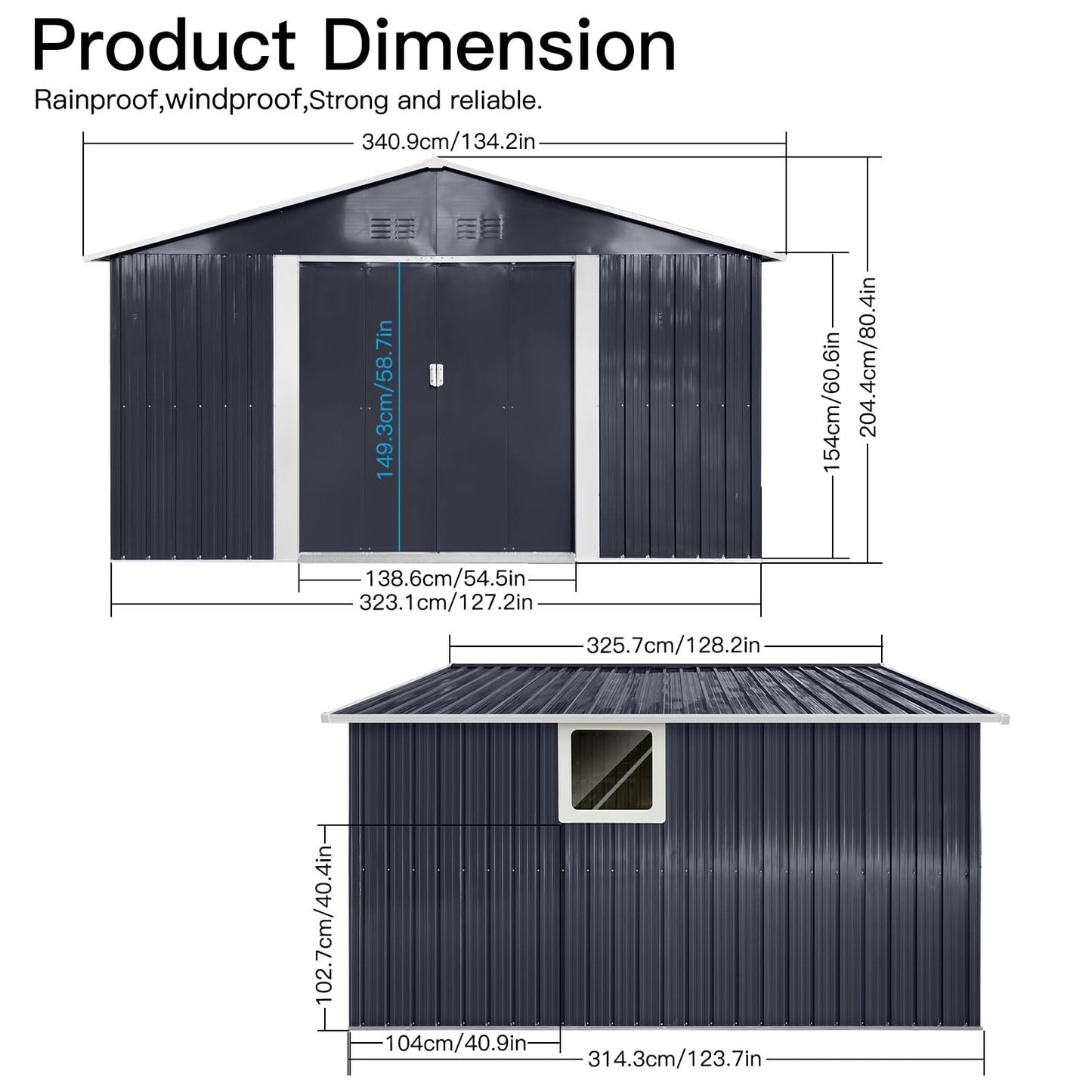 KEIKI 10.6 x 11.2FT Outdoor Storage Shed with Window, Sliding Door, Sloped Roof，Metal Garage Tool Bike Sheds for Backyard, Garden, Patio, Lawn,Gray