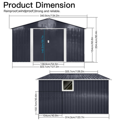 KEIKI 10.6 x 11.2FT Outdoor Storage Shed with Window, Sliding Door, Sloped Roof，Metal Garage Tool Bike Sheds for Backyard, Garden, Patio, Lawn,Gray