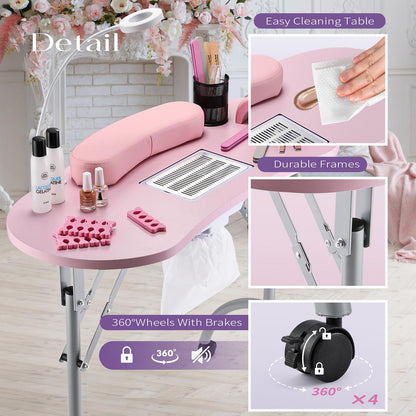 Faquenc Manicure Table with Nail Dust Collector, Portable Nail Table Rolling Nail Desk Nail Tech Travel Nail Station Foldable Professional Nail Salon Table with Cacuum,Arm Rest,Lockable Wheel,Bag,Pink